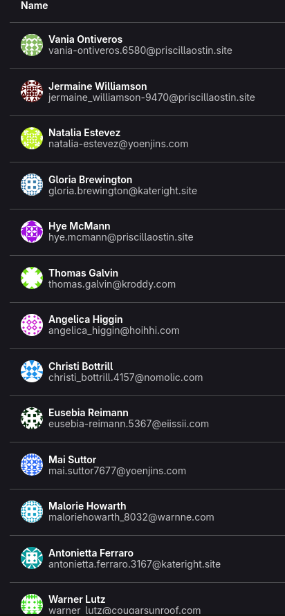 A list of bot accounts, they use genric names like "Jermaine Williamson" and similarly-named emails with no profile pictures